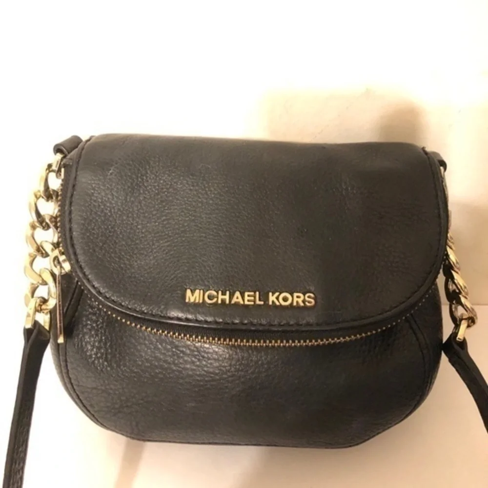 MICHAEL KORS black leather fold over crossbody bag